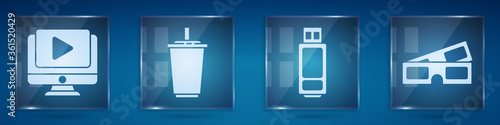 Set Online play video, Paper glass with water, USB flash drive and 3D cinema glasses. Square glass panels. Vector.