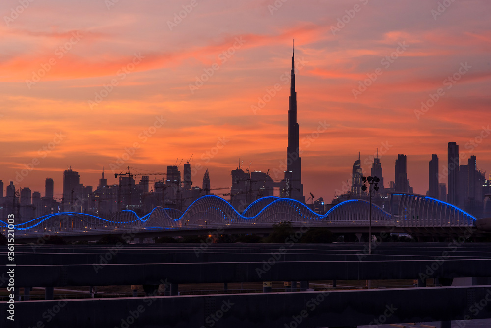 Sunset in Dubai. Beautiful evening sky, panoramic dubai