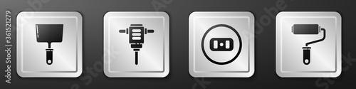 Set Putty knife, Electric rotary hammer drill, Electrical outlet and Paint roller brush icon. Silver square button. Vector.