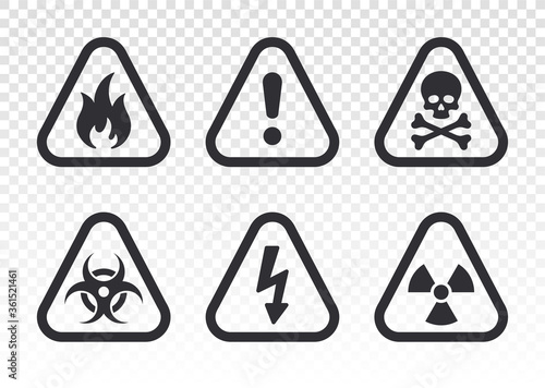 Safety signs. Caution symbol. Collection of warning marks. Signs of danger. Signs of alerts. Alert sign. Sign of lightning. Electricity icon. Over voltage. Fire  exclamation point  bacteriological