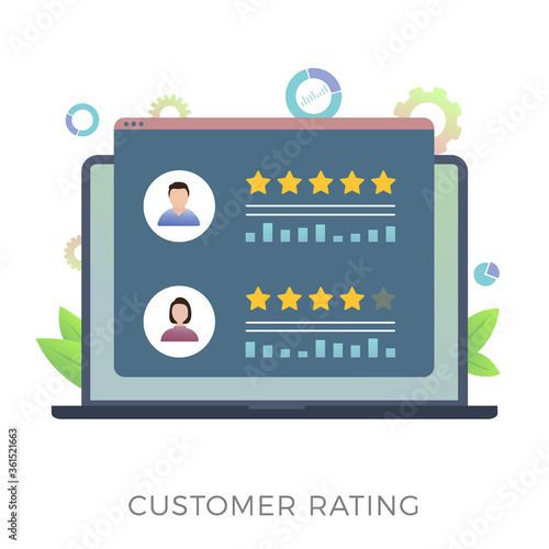 Customer Rating flat vector icon concept. Increase ranking, evaluation and classification, know your client idea. Laptop with customer review rating messages. Online reputation management system