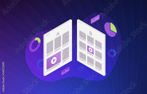 A B split testing illustration concept - two webpages with a different web development UI interface. A-B comparison with positive feedback, flat vector icon with violet background