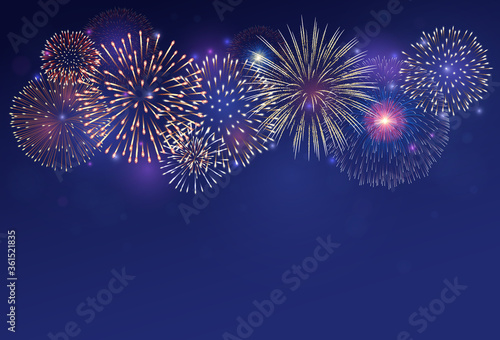 Fireworks on twilight background vector illustration. Bright salute explosion with gradient glowing effect isolated on dark blue.