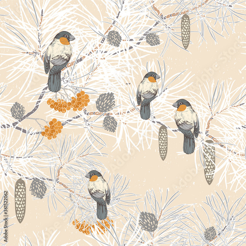 Seamless vector pattern with bullfinches sitting on pine branches, with cones, mountain ash