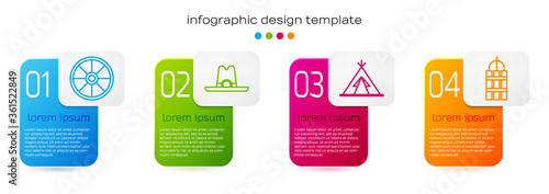 Set line Old wooden wheel, Western cowboy hat, Indian teepee or wigwam and Detonate dynamite bomb stick. Business infographic template. Vector.
