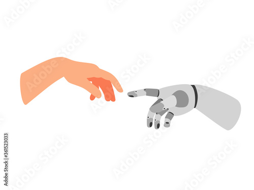 Robot arm and human. Cartoon bionic hand poster, futuristic arms touch, gesture of cooperation people and robots, vector illustration prosthetic technology isolated on white backgro