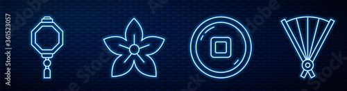 Set line Chinese Yuan currency, Chinese paper lantern, Lotus flower, Paper chinese folding fan and Chinese hat. Glowing neon icon on brick wall. Vector.