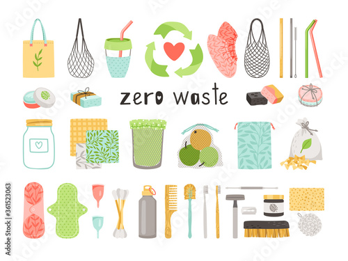 Zero waste. Cartoon durable and reusable natural ecology items for reduce plastic waste, linen bag and wooden toothbrush in eco friendly objects collection isolated on white backgro
