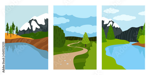 Composition landscapes cards. Relaxing nature posters, spring landscape to vacation, cartoon places for resting on weekend, vector country scenery set