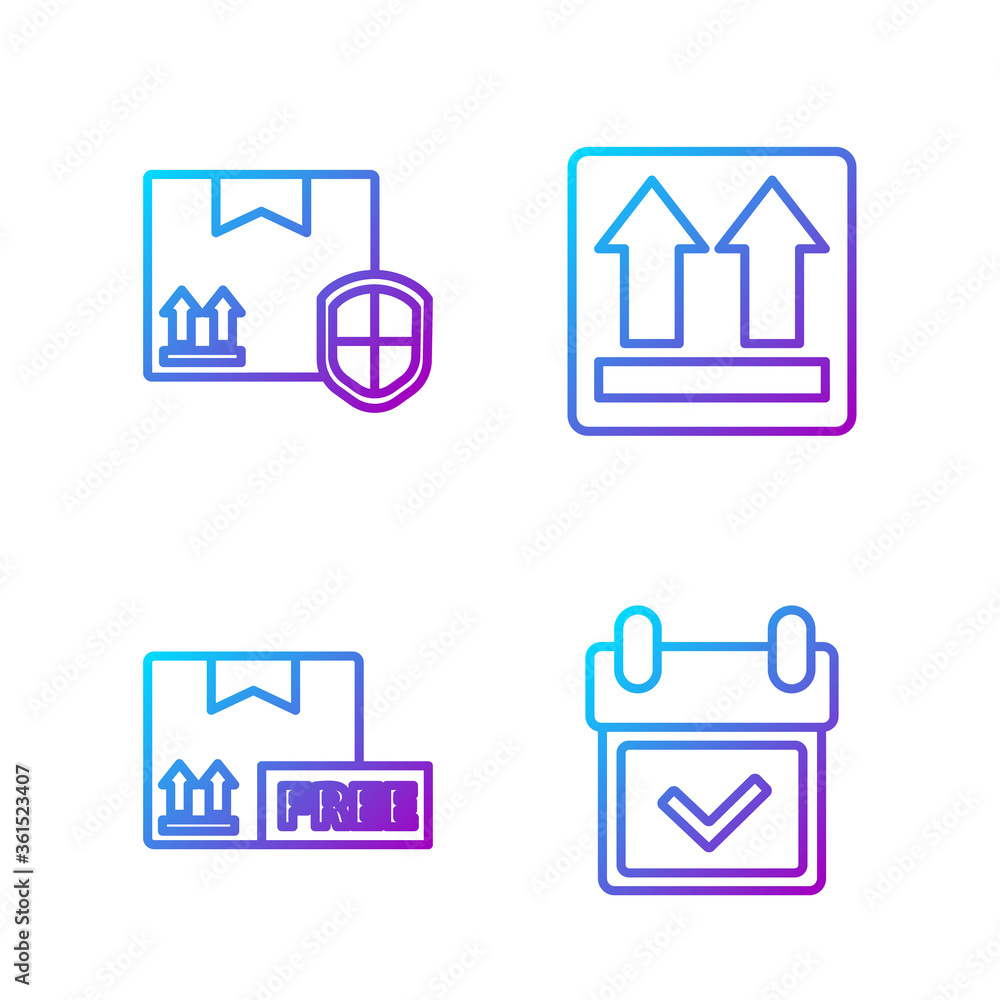 Set line Calendar with check mark, Cardboard box with free symbol ...
