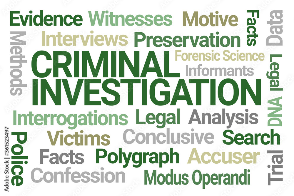 Criminal Investigation Word Cloud on White Background Criminal Investigation Word Cloud on White Background
