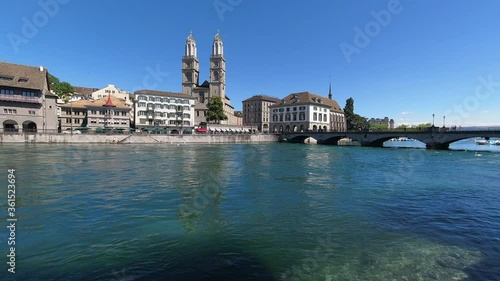 Zurich Grossmünster Church and the river Limmat
