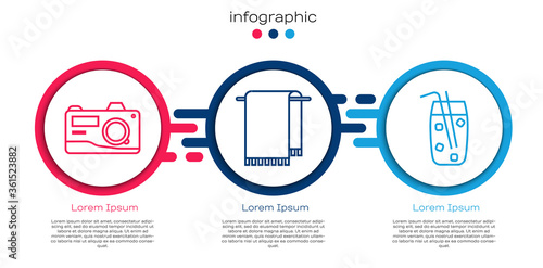 Set line Photo camera, Towel on a hanger and Cocktail and alcohol drink. Business infographic template. Vector.