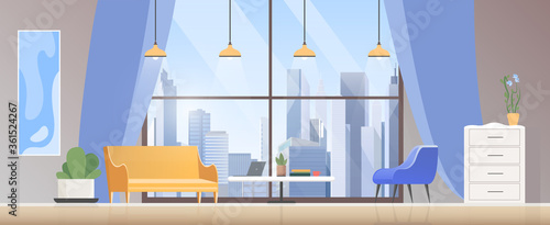 Living room interior flat vector illustration. Cartoon empty modern home room interior with sofa armchair, laptop table, potted plant, panoramic window apartment furniture inside design background