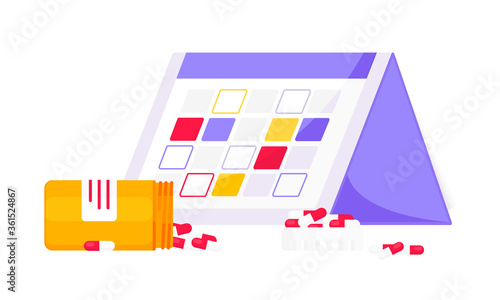 Medicine schedule or medical reminder planner flat style design vector illustration with date calendar and pill bottle isolated on white background. Health care appointment service.