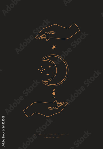 Magic mystical composition with crescent, stars, and hands a dark background. Boho style and esoterics. Ethnic magic and astrological symbols. Vector illustration.