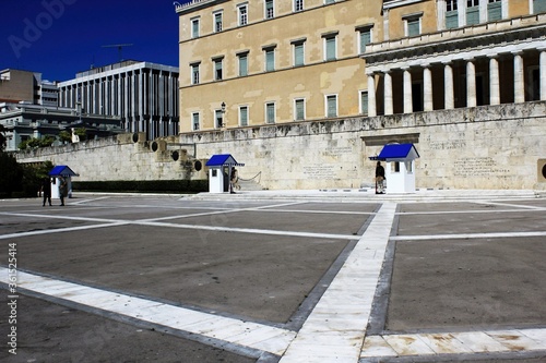 Greece, Athens, June 16 2020 - One of the most touristic spots in Athens - the Tomb of the Unknown Soldier with the Presidential Guards - is empty of visitors.  photo