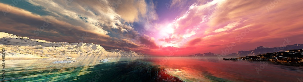 Beautiful sea sunset among the ice, arctic landscape at sunrise, northern lights, antarctica at sunset, 3D rendering