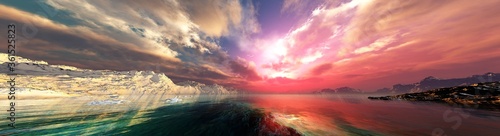 Beautiful sea sunset among the ice, arctic landscape at sunrise, northern lights, antarctica at sunset, 3D rendering