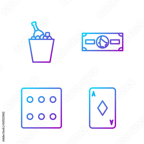 Set line Playing card with diamonds, Game dice, Champagne in an ice bucket and Stacks paper money cash. Gradient color icons. Vector.