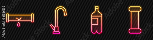 Set line Bottle of water, Broken pipe with leaking water, Water tap and Industry metallic pipe. Glowing neon icon. Vector.