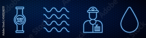 Set line Plumber, Water meter, Wave and Water drop. Glowing neon icon on brick wall. Vector.