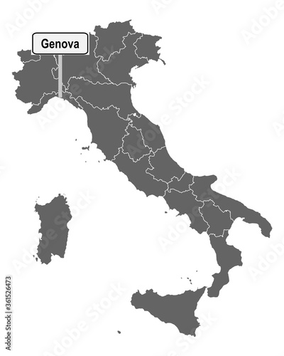 Landkarte von Italien mit Ortsschild von Genova