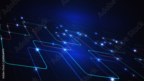 Illustration of a techno technology design of luminous lines on a dark blue background. The modern concept of digital technology.