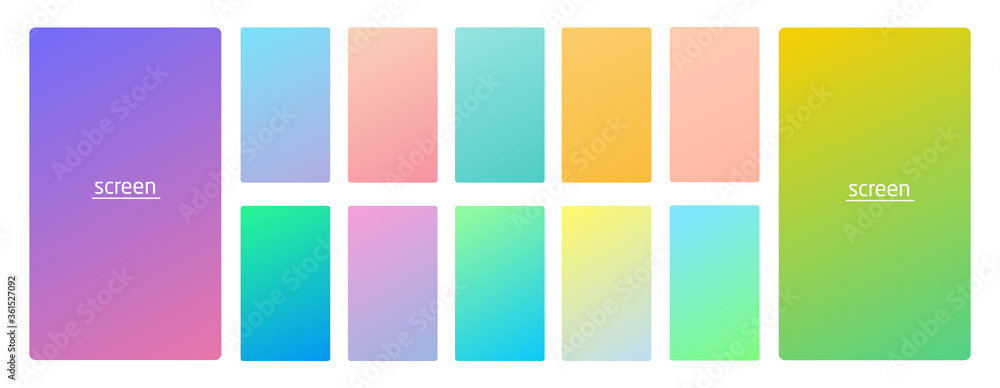 Fototapeta premium Pastel gradient smooth and vibrant soft color background set for devices, pc and modern smartphone screen soft pastel color backgrounds vector ux and ui design illustration isolated on white.