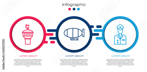 Set line Radar, Airship and Pilot. Business infographic template. Vector.