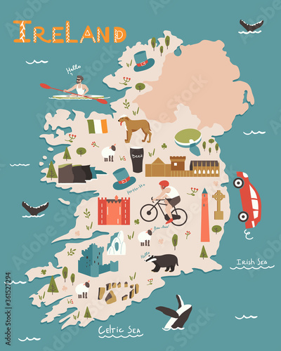Ireland nature landmarks, animals. Travel postcard, poster concept design