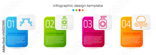 Set line Picnic table with benches, Sunscreen spray bottle, Sunscreen spray bottle and Jellyfish. Business infographic template. Vector.