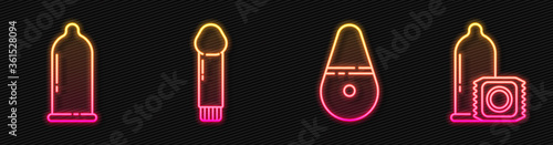 Set line Dildo vibrator, Condom, Dildo vibrator and Condom. Glowing neon icon. Vector.