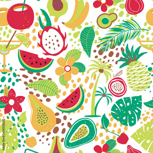 Fototapeta Naklejka Na Ścianę i Meble -  Hawaiian seamless pattern with tropical fruits and flowers. Vector illustration surface print on white background.
