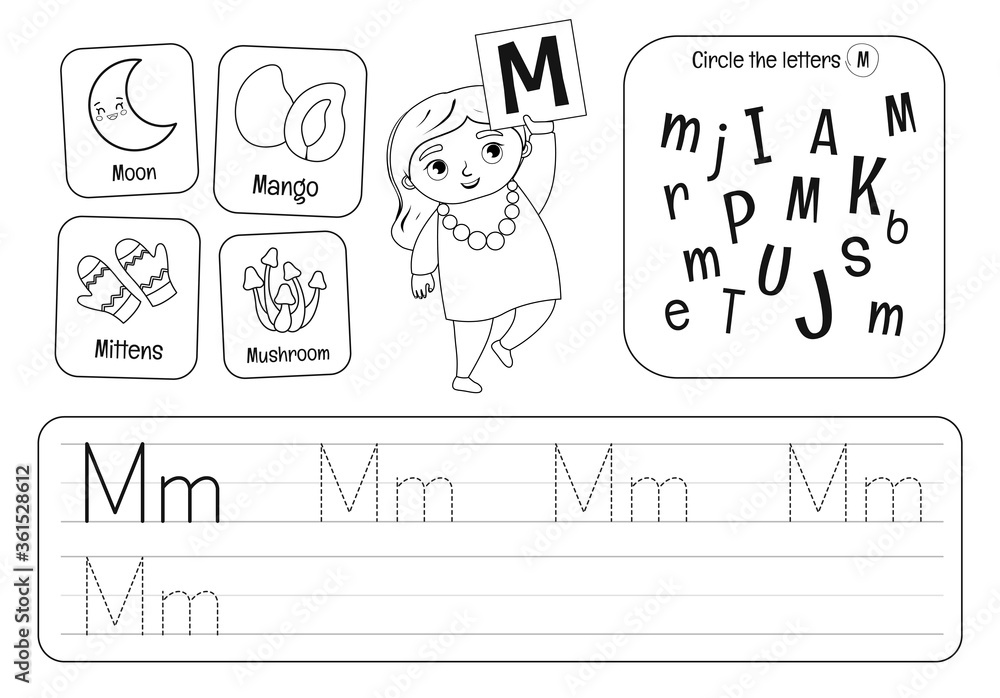 Kids learning material. Worksheet for learning alphabet. Letter M ...