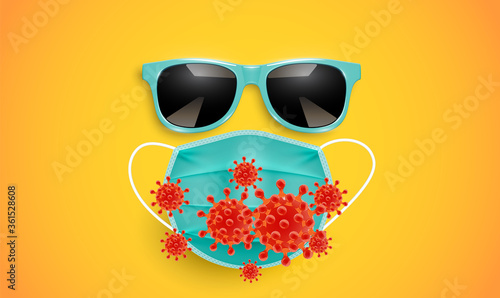 Realistic medical mask and sunglasses with coronavirus, vector illustration