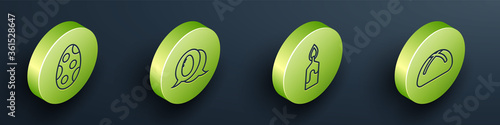 Set Isometric Easter egg, Speech bubble with easter egg, Burning candle and Easter cake icon. Vector.