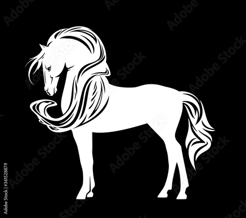 beautiful white horse with long mane - standing mustang vector outline on black background