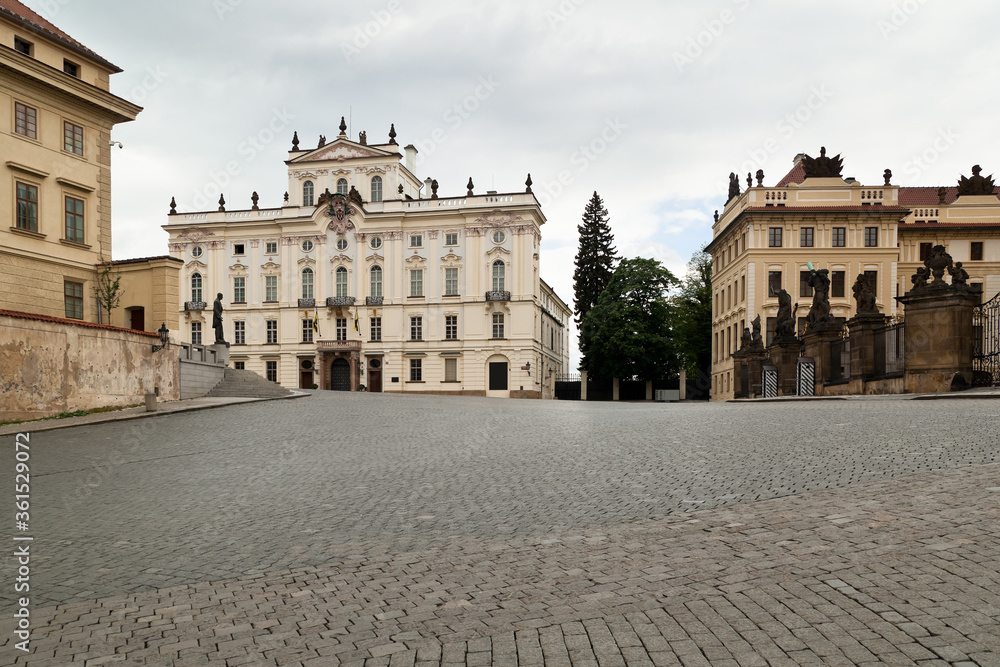 Square in fornt of the main gate of Prague castle with no people during coronavirus lockdown