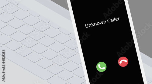 Unknown caller during work. Isometric vector illustration. White smartphone on a laptop keyboard background. Phone interface with two icons accept or reject a call
