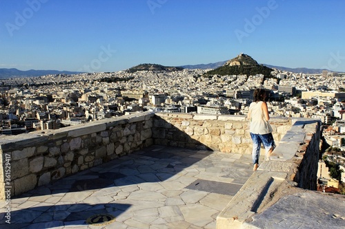 Greece, Athens, June 16 2020 - Viewpoint on Acropolis hill with panoramic view to Athens city. photo