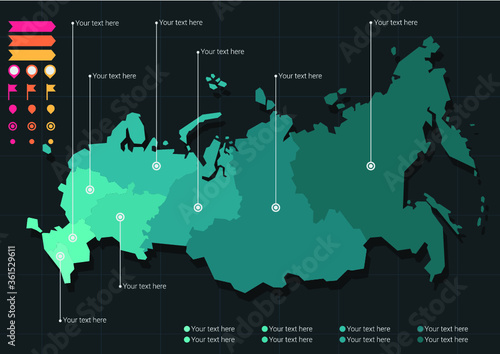 Stylized vector map of Russian in teal colors on dark background includiong a set of icons.