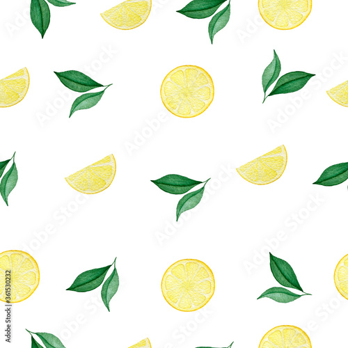juicy lemon slices and green leaves seamless pattern, watercolor tropical fruit illustration, bright lemon pattern design for wrapping, fabric or backgrounds