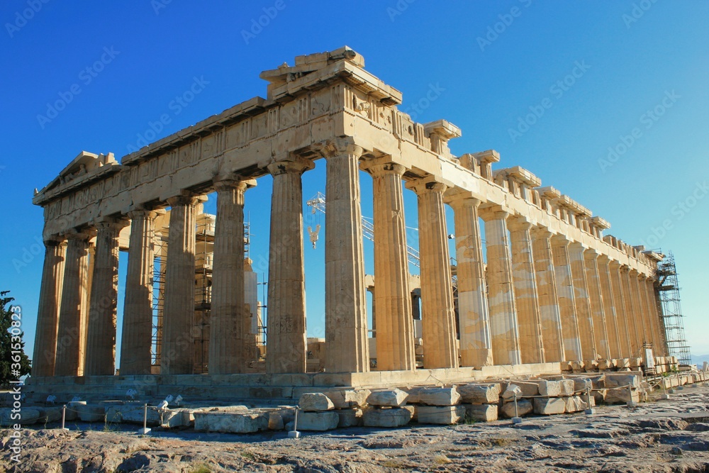 Naklejka premium Greece, Athens, June 16 2020 - View of the archaeological site of Acropolis hill with Parthenon temple in the background. 