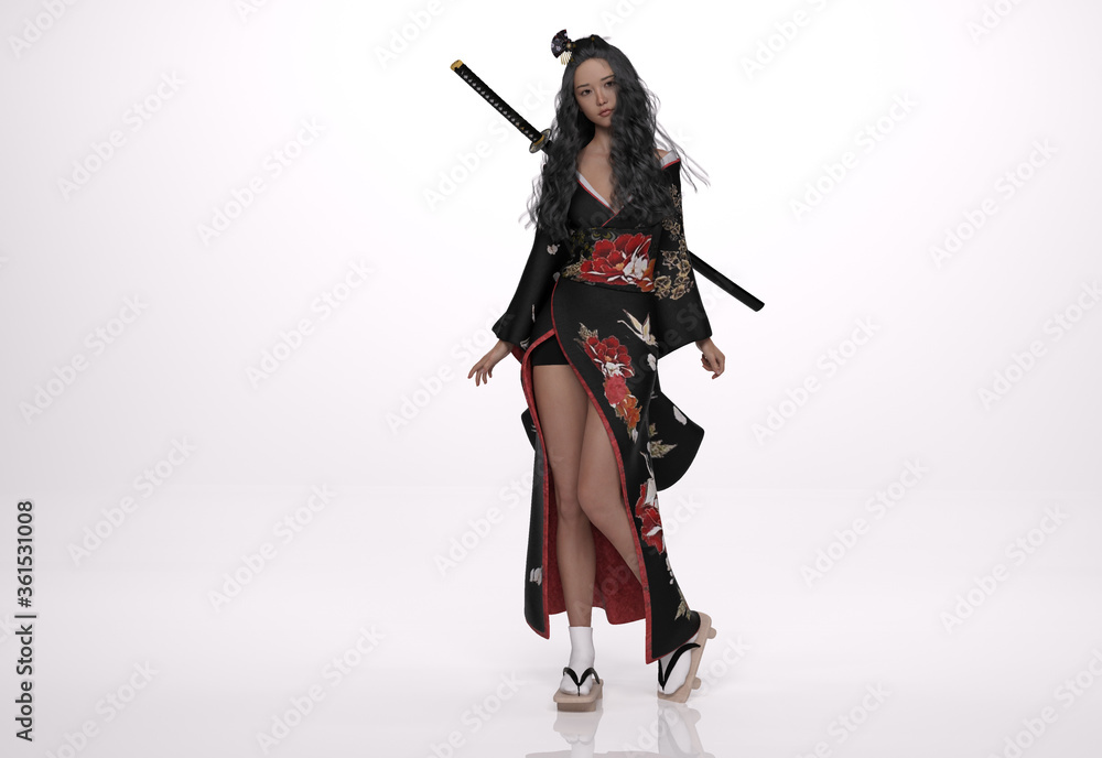 3D Render : a character of a female fighter with japanese style outfit