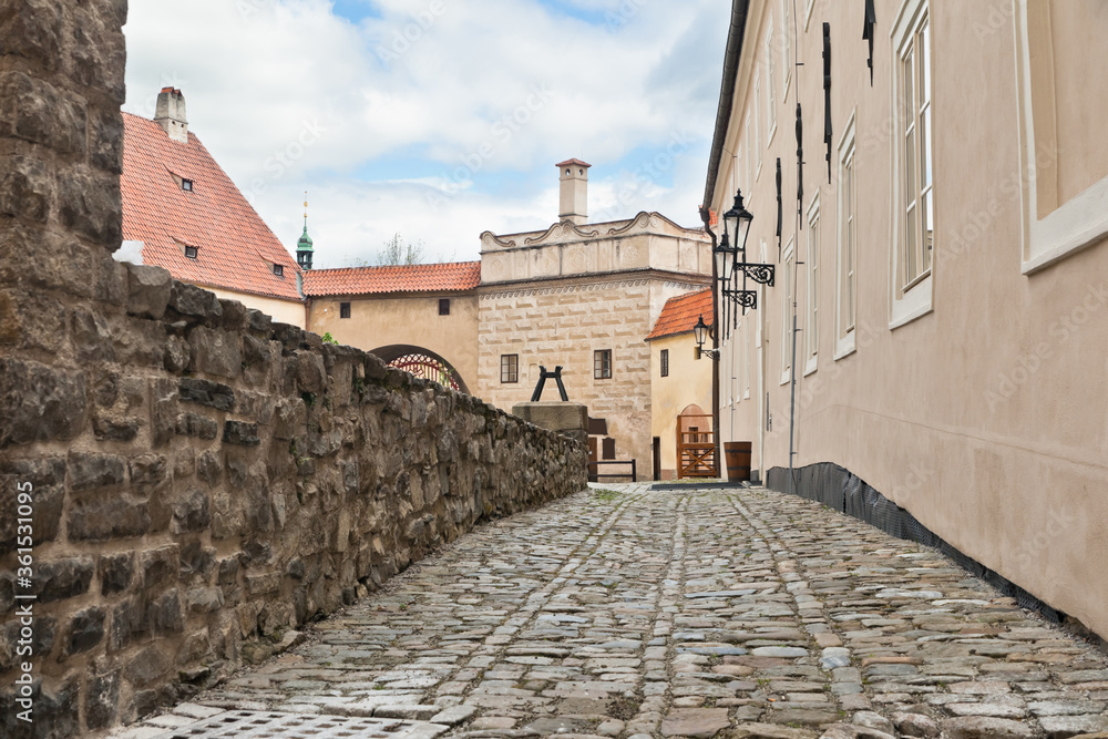 Empty stone walk at the rims of Cesky Krumlov castle during pandemic lockdown