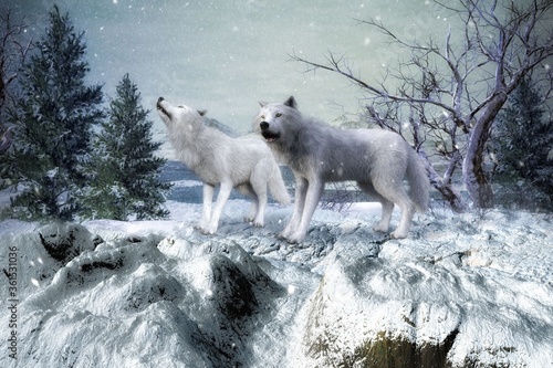3D Rendered Fantasy Winter Landscape With Two White Wolves - 3D Illustration