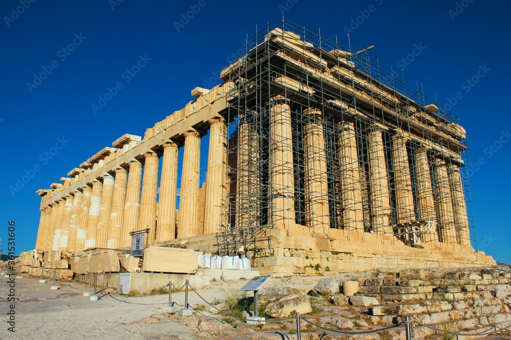 Naklejka premium Greece, Athens, June 16 2020 - View of the archaeological site of Acropolis hill with Parthenon temple in the background. 