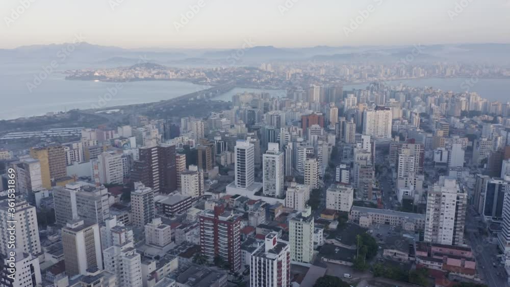 flight back over downtown buildings with bridges in the background, Florianópolis, Santa Catarina, Brazil flight back over downtown buildings with bridges in the background, Florianópolis, Santa Catarina, Brazil