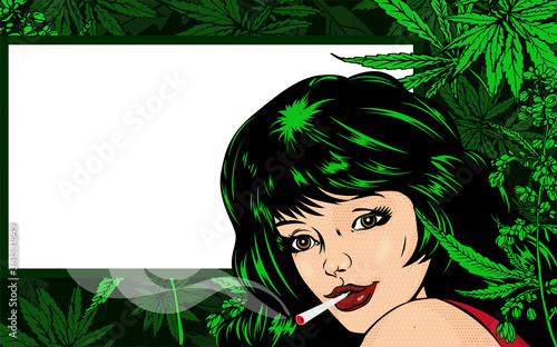 Woman with hair and wind. Cannabis leafs in her hair. Smoke cannabis on the background. Frame copyspace. Vector image.